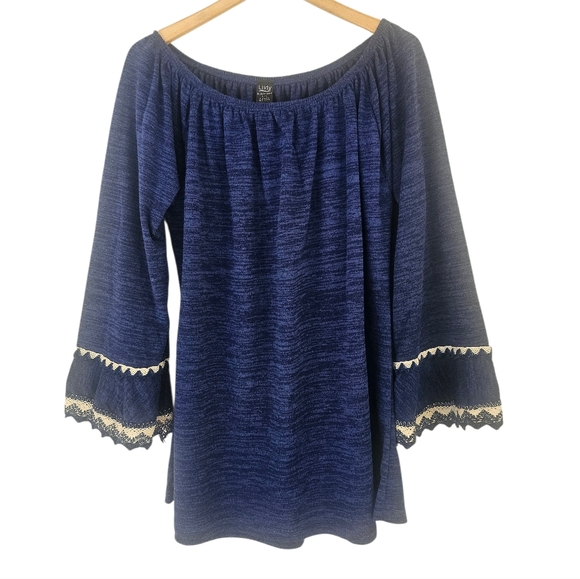 lildy Tops - Lildy Royal Blue Double Lace Sleeve Longline Tunic, Size L/XL
